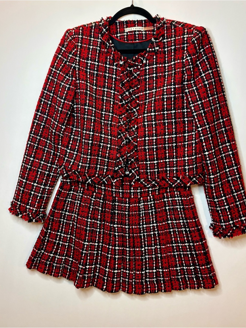 Alice + Olivia Kidman Jacket Mera Skirt Set Size 4 Red Tweed Plaid